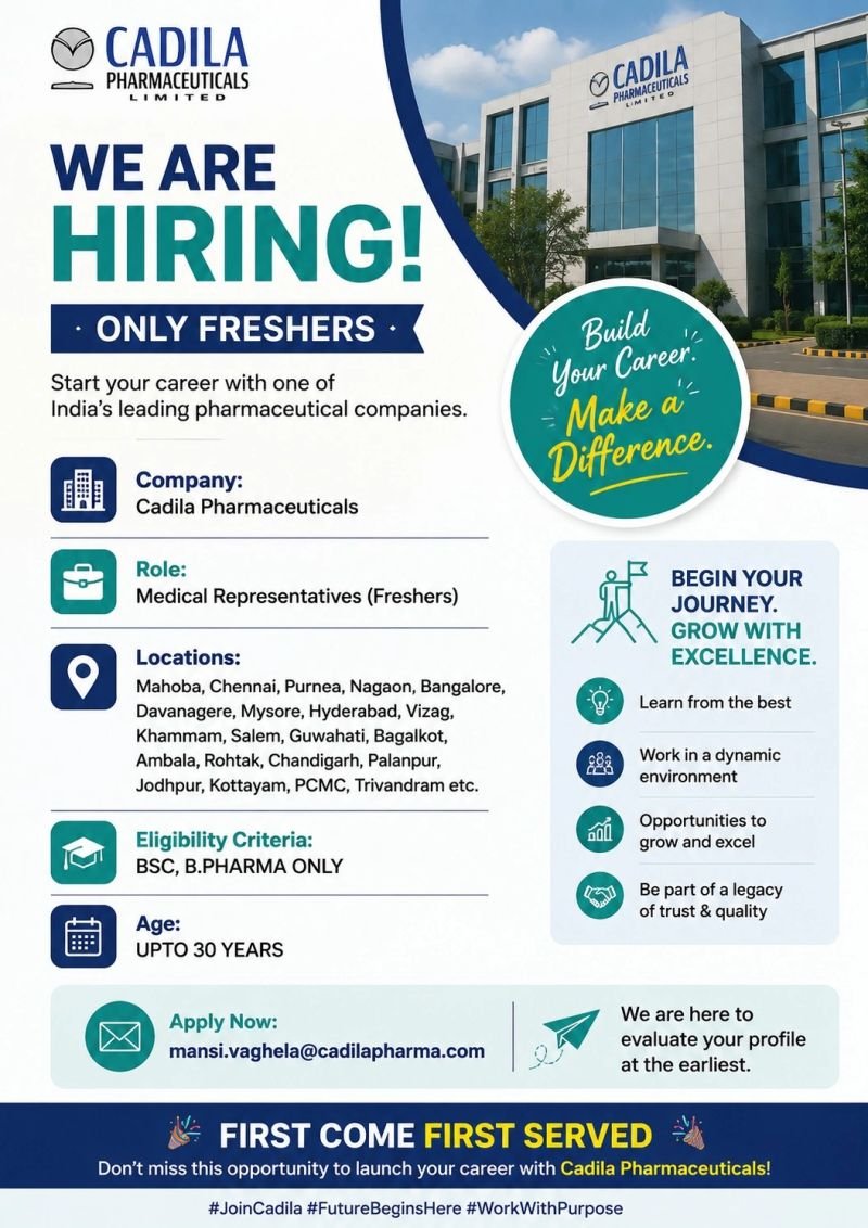 1784111961385 Freshers Needed In Medical Representative At Cadila Pharmaceuticals Limited
