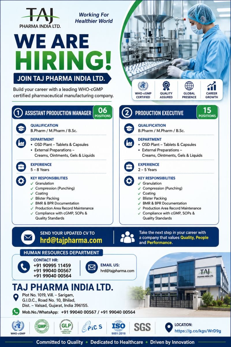 1784136433030 Taj Pharma Hiring For Production Executive