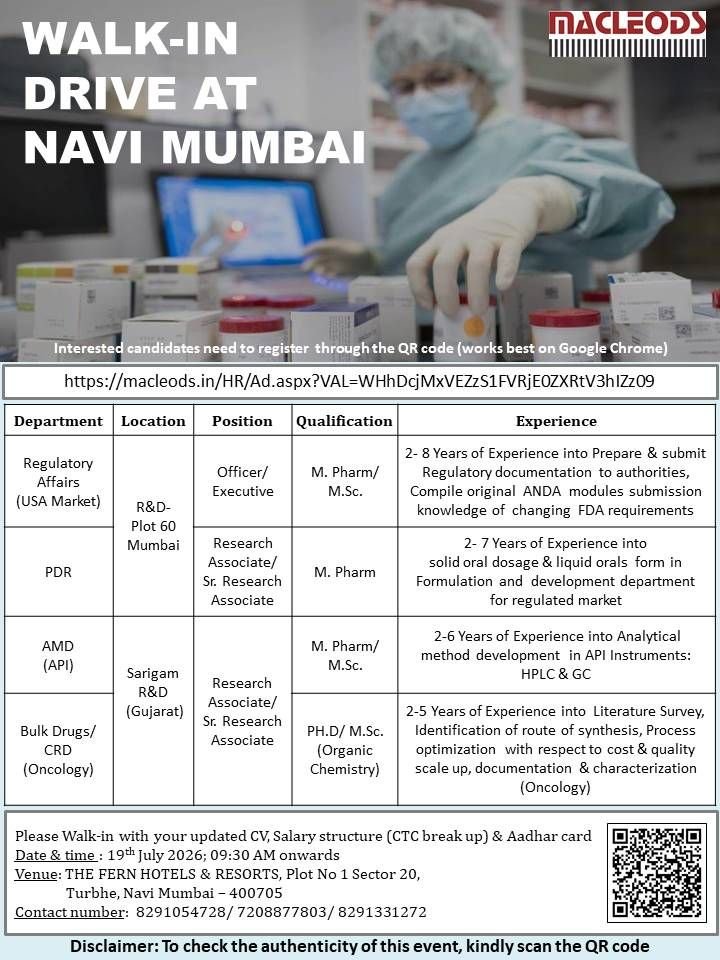 1784181595606 Macleods Pharmaceuticals Hiring For Regulatory Affairs / Pharmaceutical Development Research / Analytical Method Development / Bulk Drugs / CRD