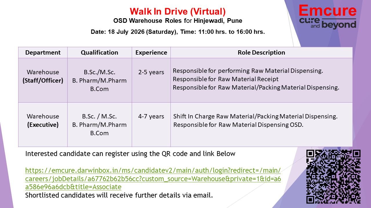 Emcure Pharmaceuticals Hiring For Warehouse Professionals