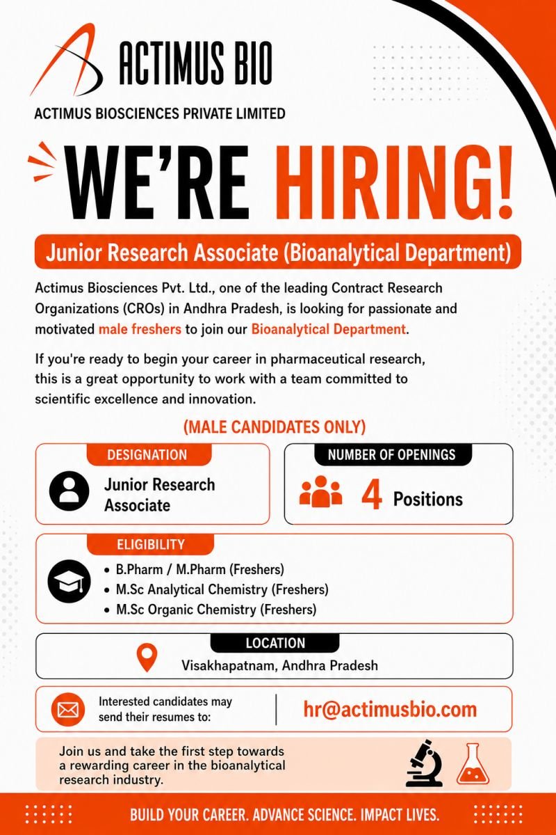 Freshers Needed In Junior Research Associate At Actimus Biosciences