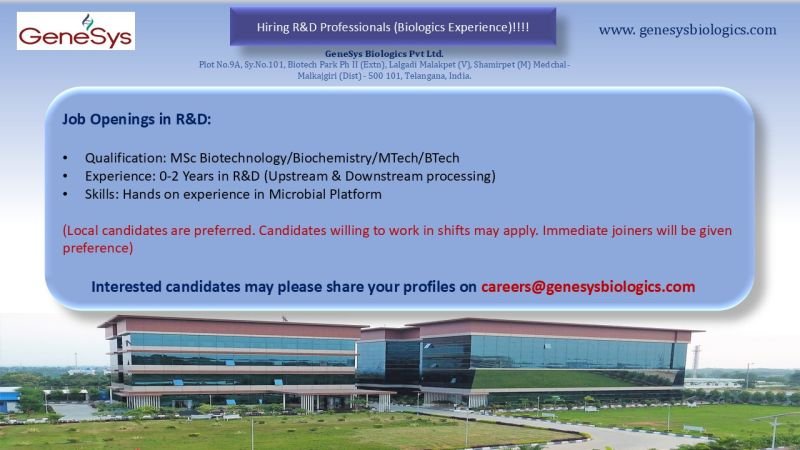 Freshers Needed In Research & Development At GeneSys Biologics Pvt. Ltd.