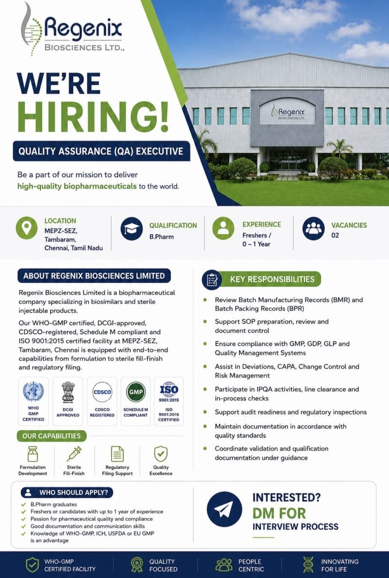 Freshers Needed In Quality Assurance At Regenix Biosciences Limited