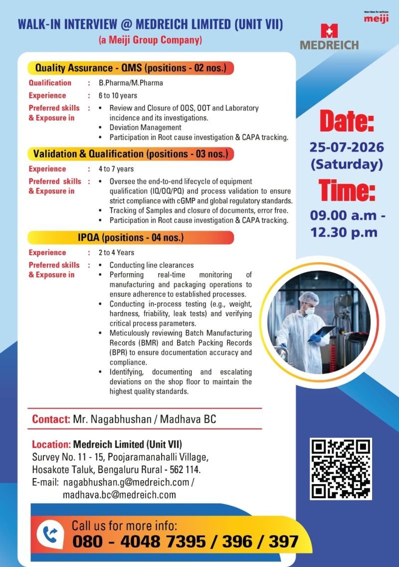 Medreich Limited Hiring For Quality Assurance (QMS), Validation & Qualification, IPQA
