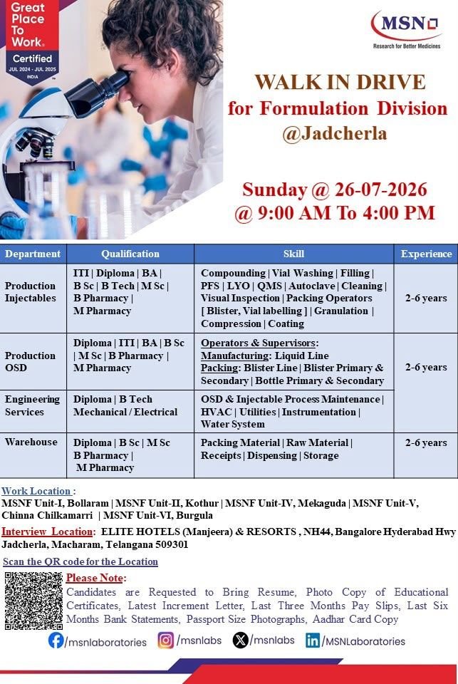 1784522298404 MSN Laboratories Hiring For Production / Engineering / Warehouse