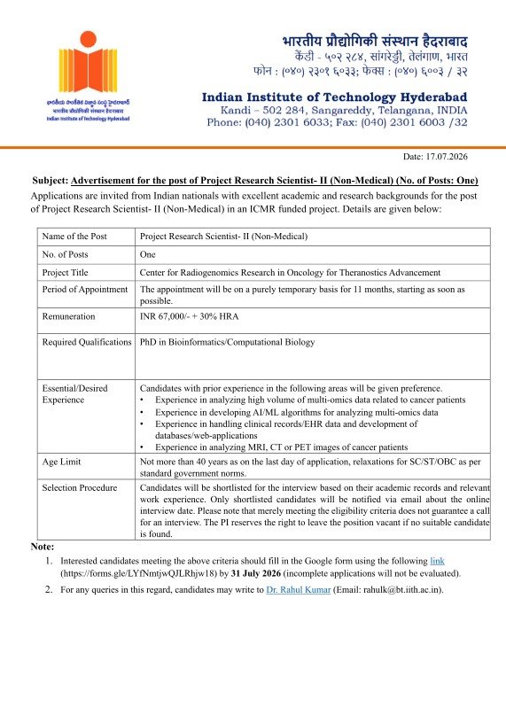 1784529387051 Indian Institute of Technology Hiring For Project Research Scientist