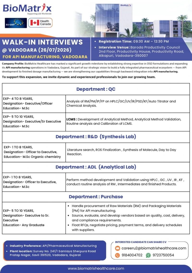 1784564607841 BioMatrix Healthcare Hiring For QC, R&D, ADL, Purchase