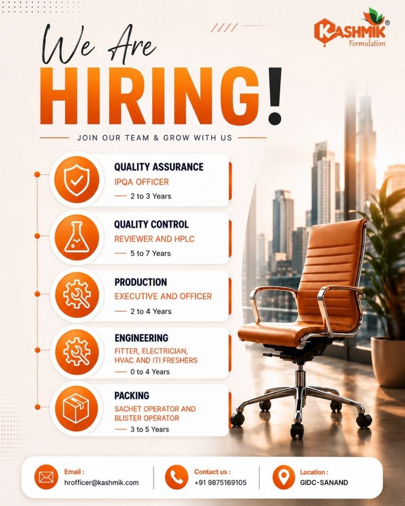 Freshers Needed In Quality Assurance / Quality Control / Production / Engineering / Packing At kashmik Formulation