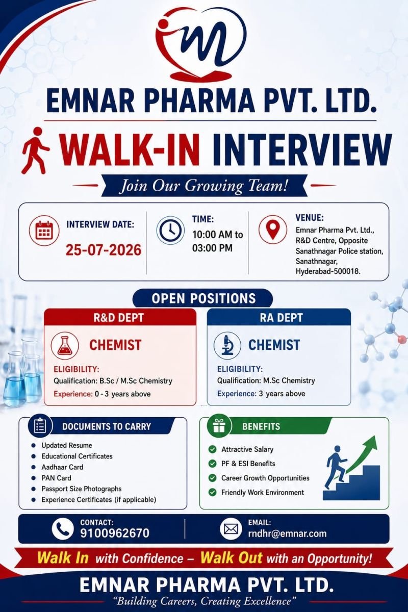 Freshers Needed In R&D, Regulatory Affairs At Emnar Pharma Pvt. Ltd.