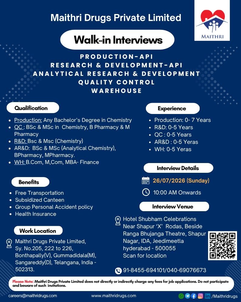 1784795921756 Freshers Needed InProduction, Quality Control, Analytical Research & Development, Research & Development, Warehouse At Maithri Drugs Private Limited