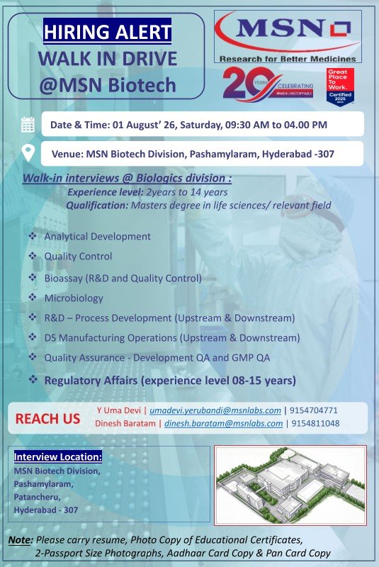 1784825423328 MSN Biotech Hiring For Analytical Development, Quality Control, Bioassay, Process Development, Manufacturing Operations, Quality Assurance, Microbiology, and Regulatory Affairs.