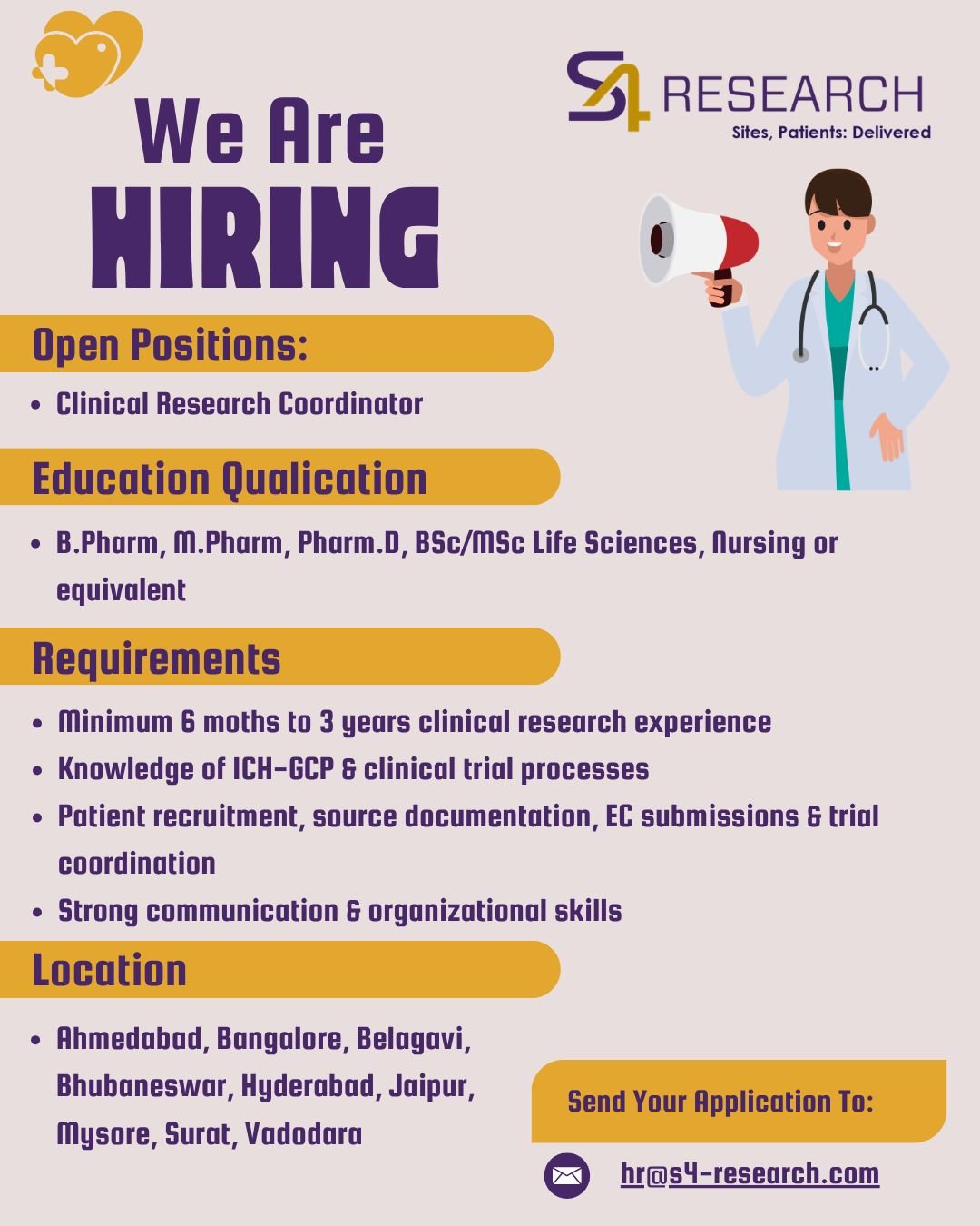 S4 Research Hiring For Clinical Research Coordinator / Ahmedabad, Bangalore, Belagavi, Bhubaneswar, Hyderabad, Jaipur, Mysore, Surat, Vadodara