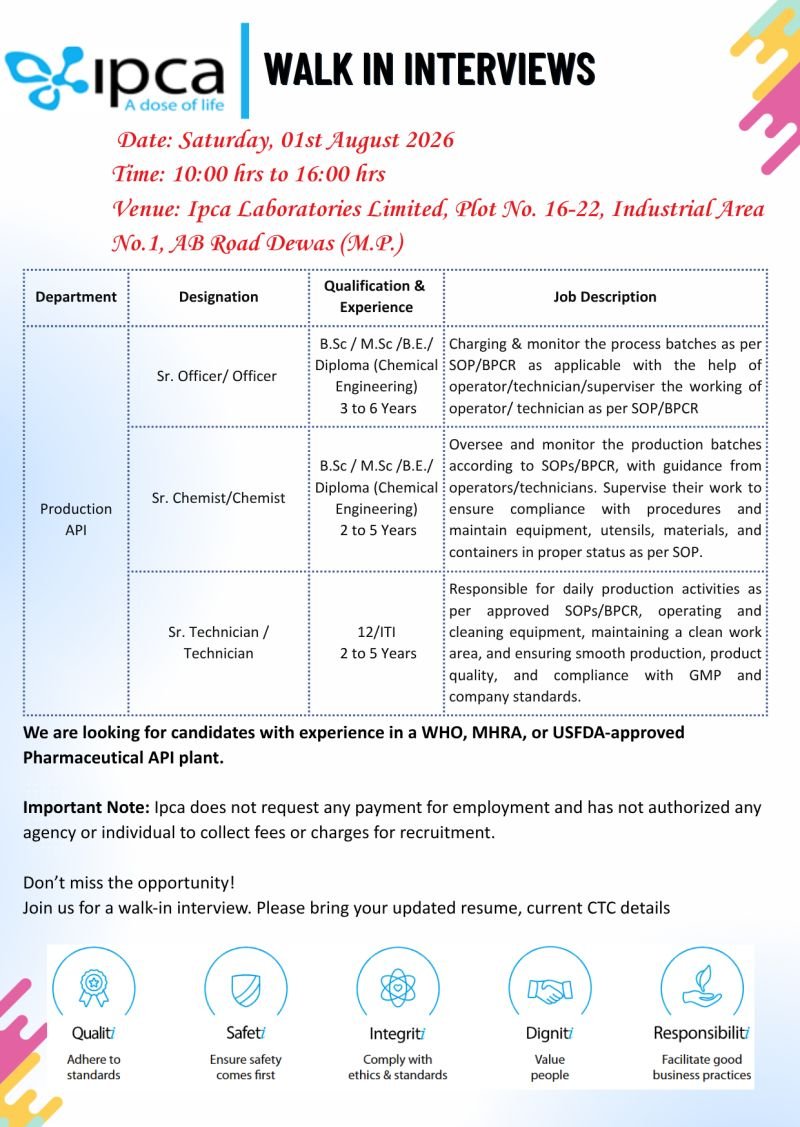 Ipca Laboratories Hiring For Production