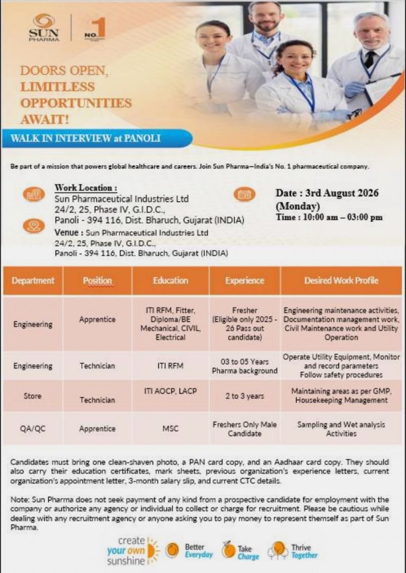 1785495737577 Freshers Needed In QA / QC / Store / Engineering At Sun Pharmaceutical Industries Ltd.
