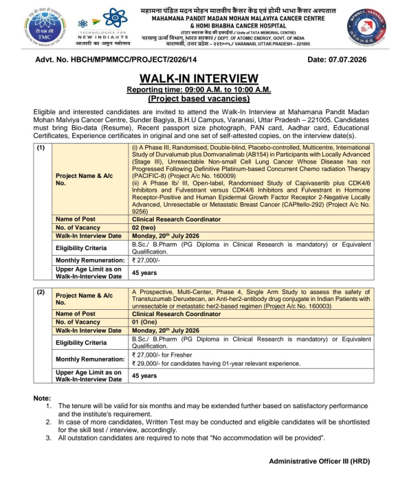 Screenshot 2026-07-19 225451 Tata Memorial Centre Hiring For Clinical Research Coordinator