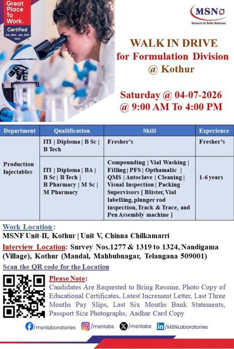 Freshers Needed In Production – Injectables At MSN Laboratories