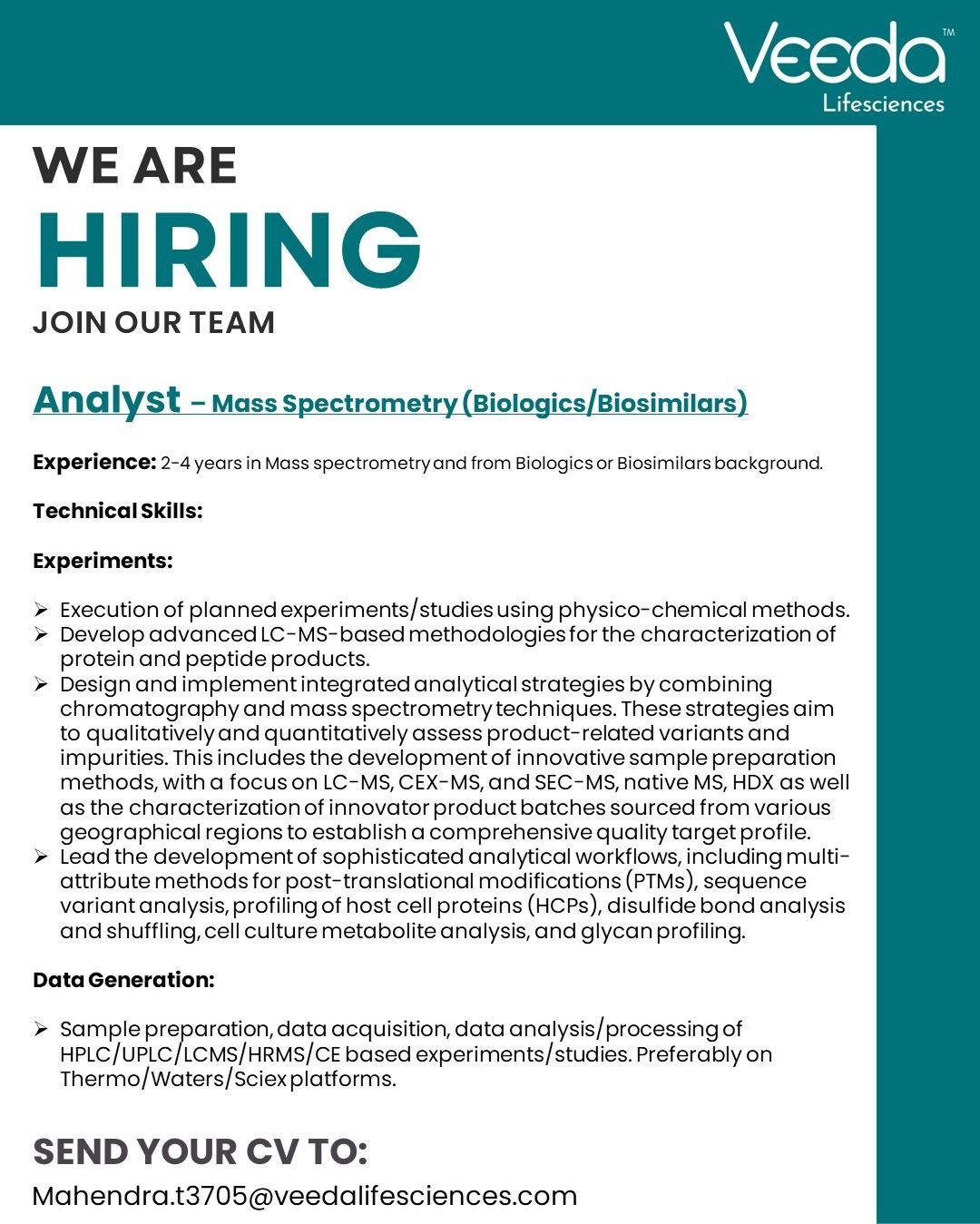 Veeda Lifesciences Hiring For Analyst – Mass Spectrometry (Biologics/Biosimilars)