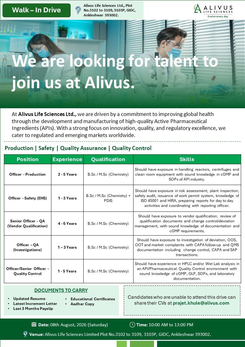 1785787244574 Alivus Life Sciences Hiring For Production, Safety (EHS), Quality Assurance, Quality Control