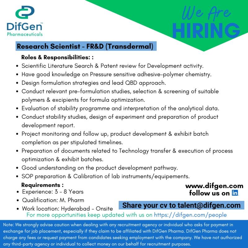 DifGen Pharmaceuticals Hiring For Research Scientist – FR&D