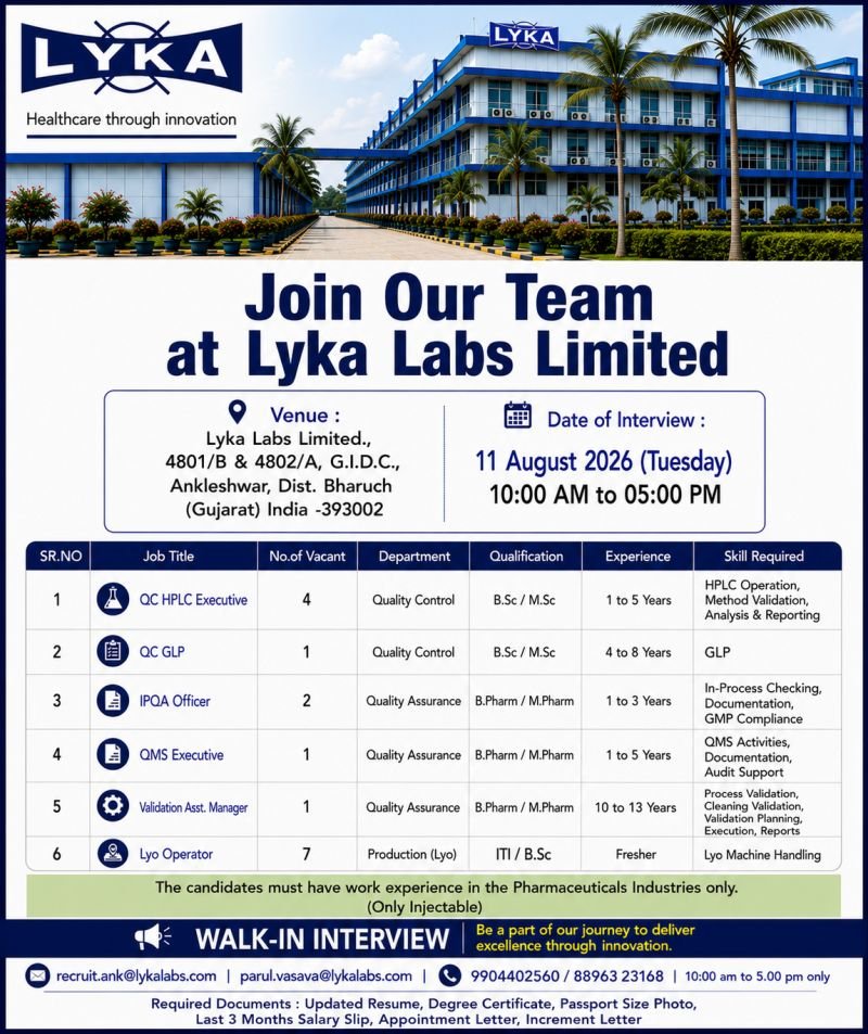 Freshers Needed In Production / Quality Assurance / Quality Control At Lyka Labs Limited