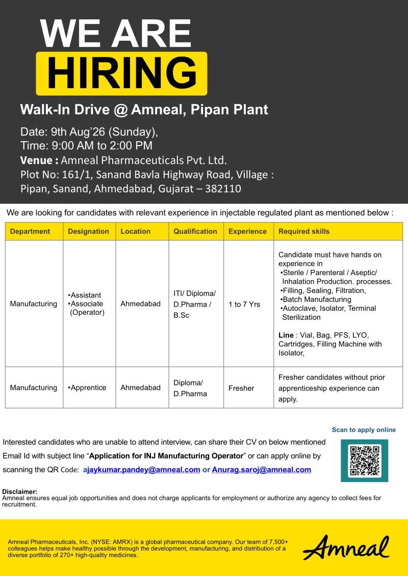 Freshers Needed In Manufacturing At Amneal Pharmaceuticals Pvt. Ltd.