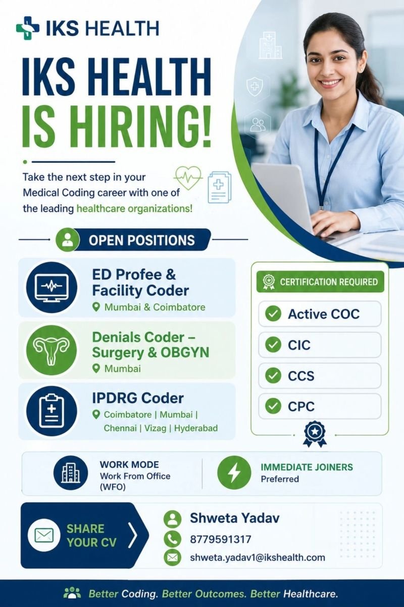 1786974252309 IKS Health Hiring For ED Profee & Facility Coder, Denials Coder – Surgery & OBGYN, and IPDRG Coder