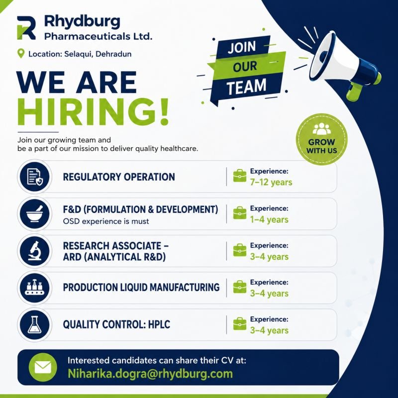 1786975559141 Rhydburg Pharmaceuticals Hiring For Regulatory Operations, Formulation & Development, Analytical R&D, Production – Liquid Manufacturing, and Quality Control