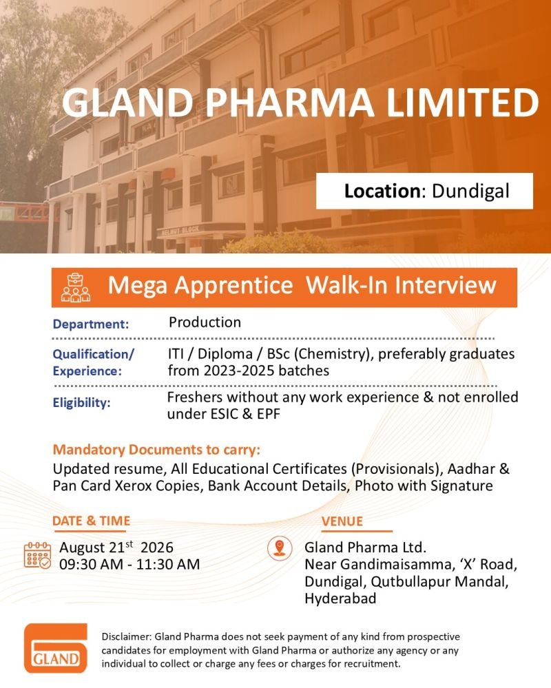 1787027011055 Freshers Needed In Production At Gland Pharma Limited