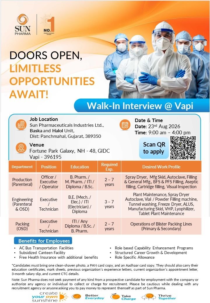 1787325346680 Sun Pharmaceutical Hiring For Production / Engineering / Packing