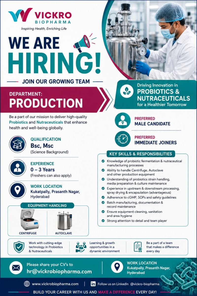Freshers Needed In Production At Vickro Biopharma