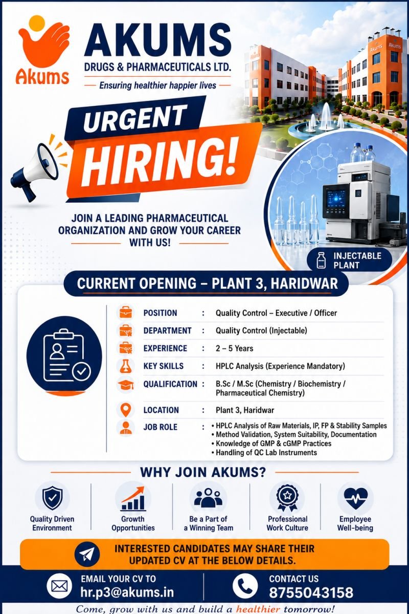 Akums Drugs & Pharmaceuticals Hiring For Quality Control