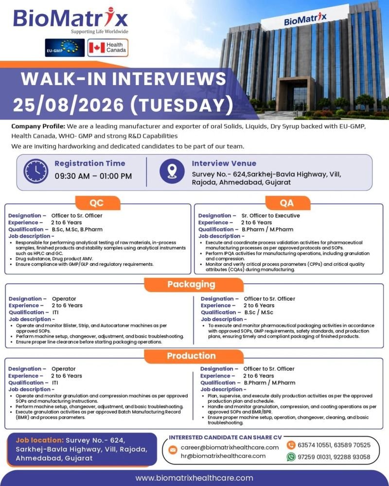 1787408886330 BioMatrix Healthcare Hiring For Production / Quality Control / Quality Assurance / Packaging