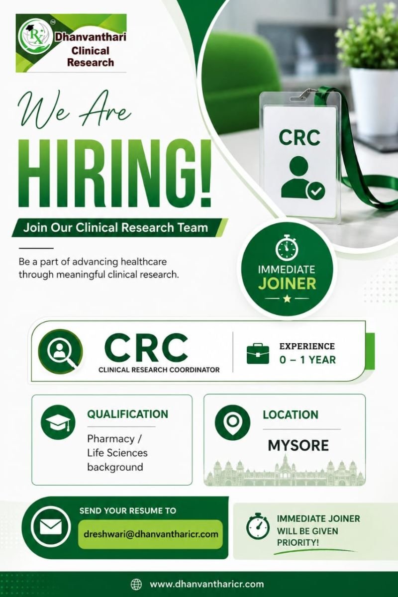 Freshers Needed In Clinical Research Coordinator At Dhanvanthari Clinical Research