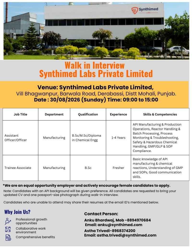 Freshers Needed In Manufacturing At Synthimed Labs Private Limited