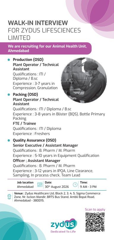 1787747886833 Freshers & Experience Needed In Production, Packing, Quality Assurance Zydus Lifesciences Limited