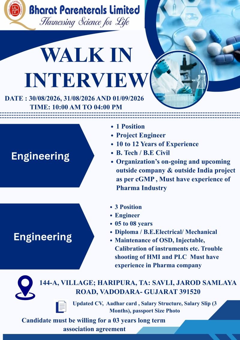 1787822823420 Freshers & Experience Needed In QC, QA, F&D, Regulatory Affairs, Manufacturing, Engineering At Bharat Parenterals Limited