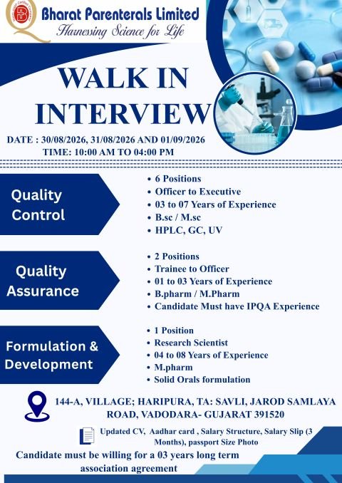 1787822823464 Freshers & Experience Needed In QC, QA, F&D, Regulatory Affairs, Manufacturing, Engineering At Bharat Parenterals Limited