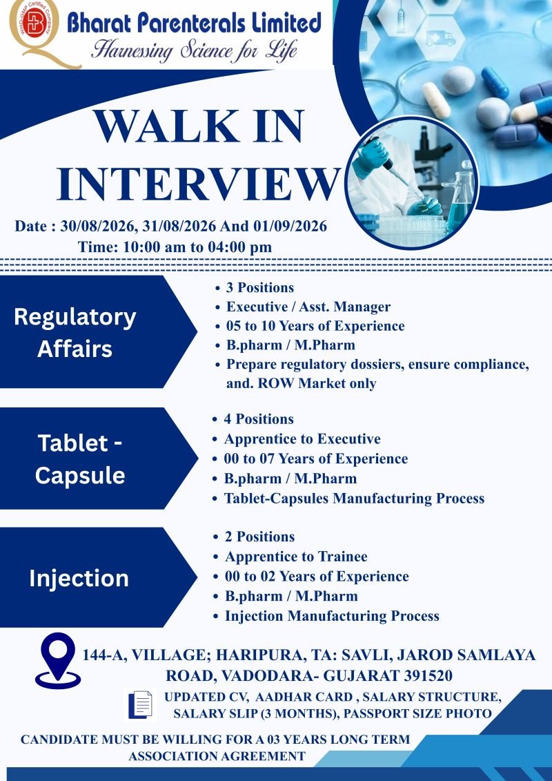 1787822824219 Freshers & Experience Needed In QC, QA, F&D, Regulatory Affairs, Manufacturing, Engineering At Bharat Parenterals Limited