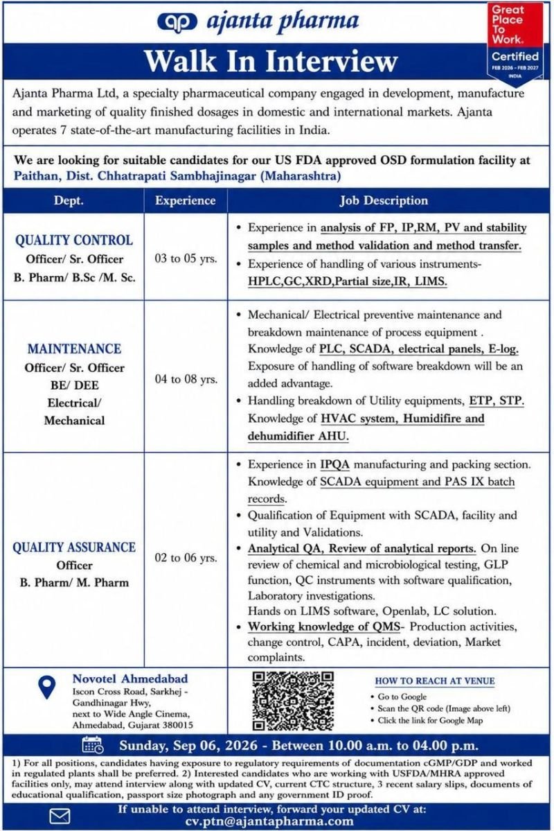 Ajanta Pharma Hiring For Quality Control, Quality Assurance, Maintenance