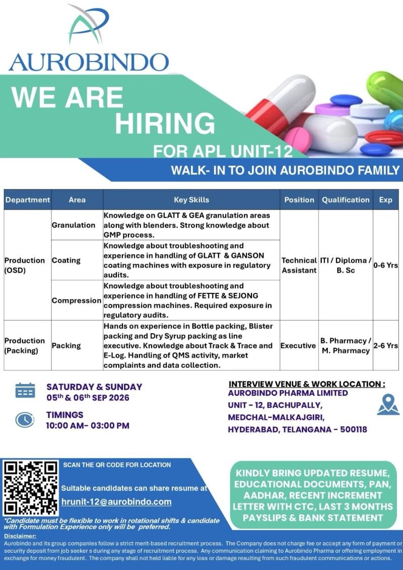 Freshers Needed In Production / Packing At Aurobindo Pharma Limited