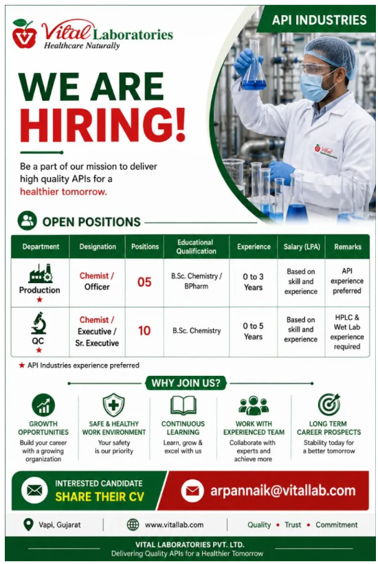 Freshers Needed In Production & Quality Control At Vital Laboratories Pvt. Ltd