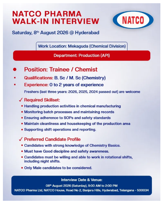 Screenshot 2026-08-05 145643 Freshers Needed In Production At NATCO Pharma
