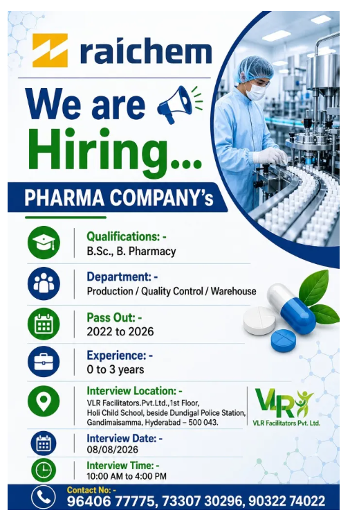 Freshers Needed In Production, Quality Control. Warehouse At Raichem Pharma