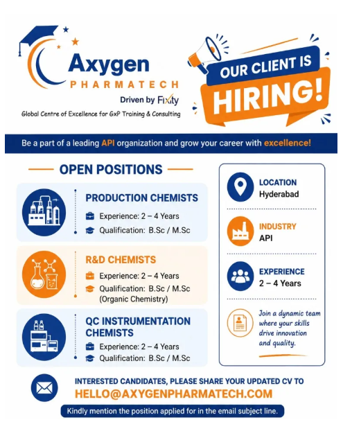 Axygen Pharmatech Hiring For Production / R&D / QC