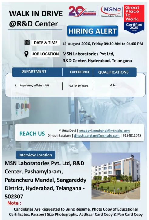 Screenshot 2026-08-10 134001 MSN Laboratories Hiring For Regulatory Affairs Professional