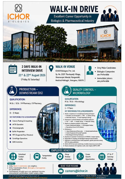Screenshot 2026-08-17 173046 Freshers Needed In QC – Microbiology; Production – Downstream At Ichor Biologics Pvt. Ltd.