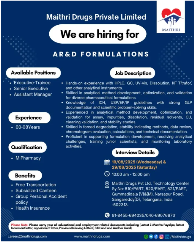 Freshers Needed In AR&D – Formulations At Maithri Drugs Private Limited