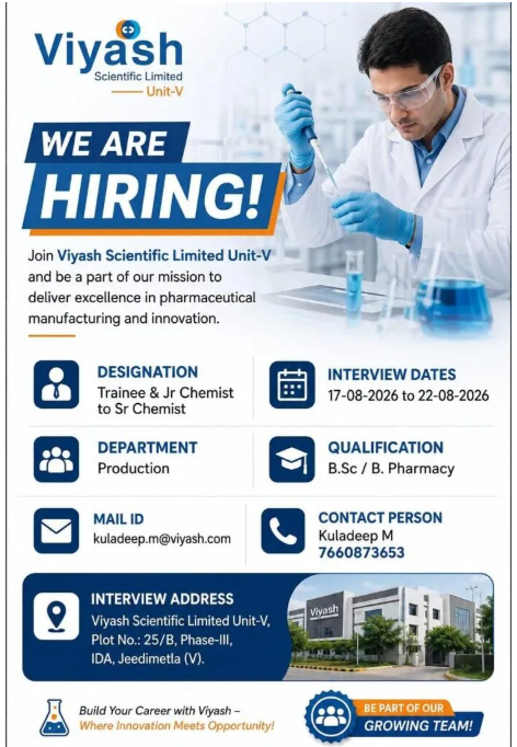Viyash Scientific Limited Hiring For Production