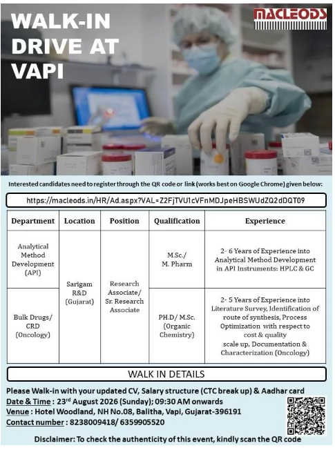 Macleods Pharmaceuticals Hiring For Analytical Method Development / Bulk Drugs / CRD – Oncology