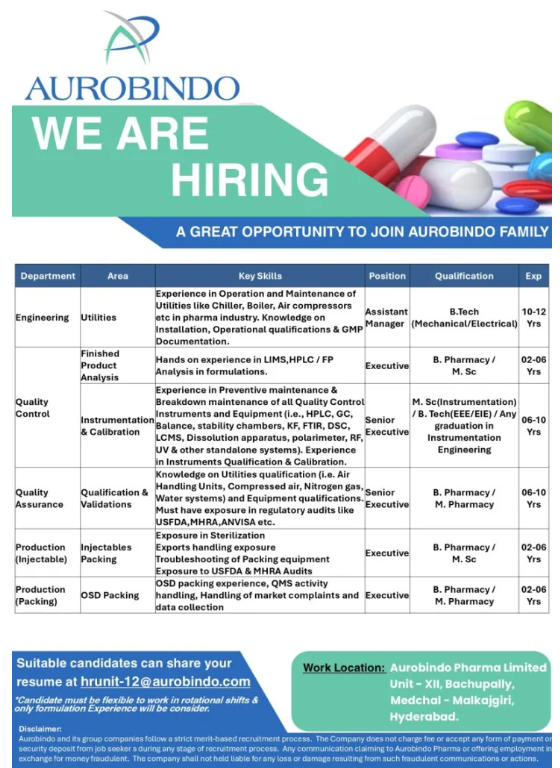 Screenshot 2026-08-22 213130 Aurobindo Pharma Limited Hiring For Engineering, Quality Control, Quality Assurance, Production